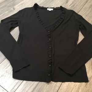 New York & Company Black Ruffle V Neck Cardigan
